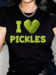 Camiseta Gráfica S I Love Pickles & Sauerkraut - Diseño Adorable de Pepinillos y Corazón con Texto en Alemán, Camiseta Ligera y Transpirable de Manga Corta para el Verano, Atuendo Casual para Amantes de los Pepinillos (Verde, Lavable a Máquina) - Negro - Ver 5