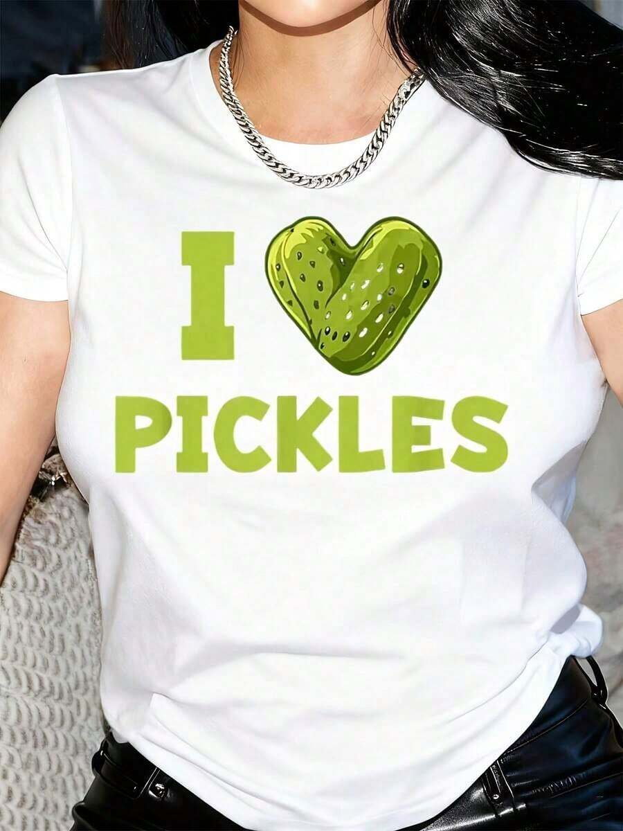 S I Love Pickles & Sauerkraut Graphic T-Shirt - Adorable Pickle And Heart Design With German Text, Lightweight And Breathable Short Sleeve Summer T-Shirt, Casual Outfit For Pickle Lovers (Green, Machine Washable) - 白色 - 查看 1
