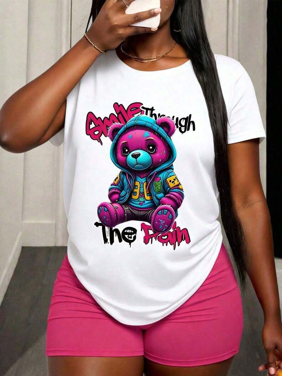 Camiseta de manga corta para mujer con cuello redondo, estampado de letras de dibujos animados, casual, versátil, para uso diario. - Blanco - Ver 1