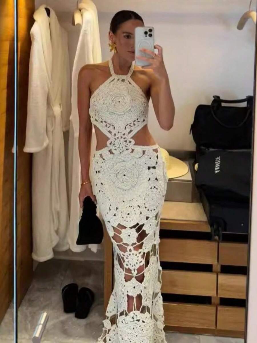 Vestido ajustado sensual con cuello halter escote al descubierto estilo vacacional - Blanco - Ver 1