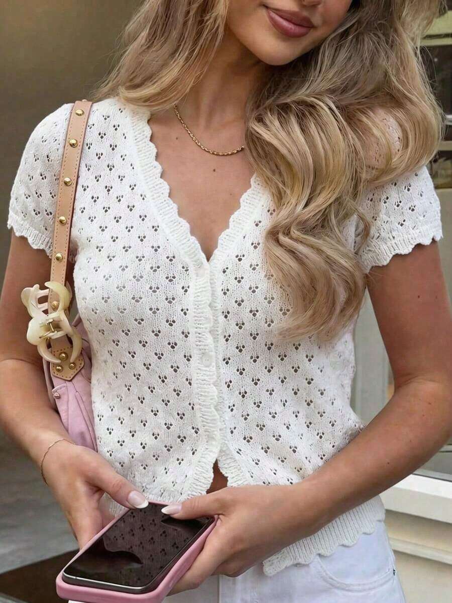 Just Masa Women's Casual And Elegant Summer Knit Blouse, Featuring A V-Neck, Ruffled Short Sleeves, Buttoned Waist And Elasticated Waist, With A Minimalist And Sweet Style, Suitable For Travel, Vacation, Work, The Beach, Dates And Everyday Wear, In White - 白色 - 查看 1