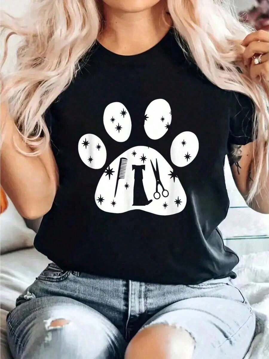 2026 Algodón Camiseta De Regalo Para Peluquero Canino, Camiseta Con Estampado Para Amantes De Los Perros, Cuello Redondo, Manga Corta, Cómoda, Para Primavera Y Verano, Ropa De Mujer. Blusas Para Mujer Casual - Negro - Ver 1