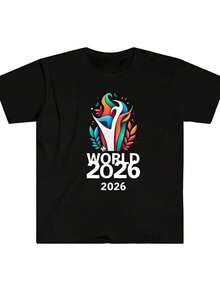 Camiseta negra con estampado del logo de la Copa Mundial 2026 para aficionados al fútbol y eventos deportivos. Camiseta divertida con estampado gráfico de la Copa Mundial, ideal para el verano, uso diario, fitness en casa, actividades al aire libre, fiestas en la playa, perfecta para festivales y como regalo. - Negro - Ver 1