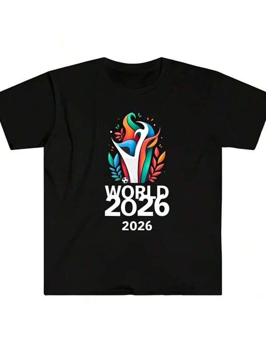 Camiseta negra con estampado del logo de la Copa Mundial 2026 para aficionados al fútbol y eventos deportivos. Camiseta divertida con estampado gráfico de la Copa Mundial, ideal para el verano, uso diario, fitness en casa, actividades al aire libre, fiestas en la playa, perfecta para festivales y como regalo. - Negro - Ver 1