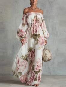 Vestido nuevo de moda, éxito de , estampado, hombros descubiertos, manga de farol, diseño elegante, favorecedor, perfecto para looks de día, citas, eventos y ocasiones especiales - Blanco - Ver 6
