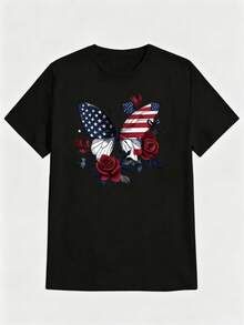 MPLSL|Camiseta de moda de Milán con estampado, blusa casual de mujer de manga corta y cuello redondo para primavera y verano|Camiseta Negra con Estampado de Mariposa de Bandera y Rosas - Negro - Ver 1