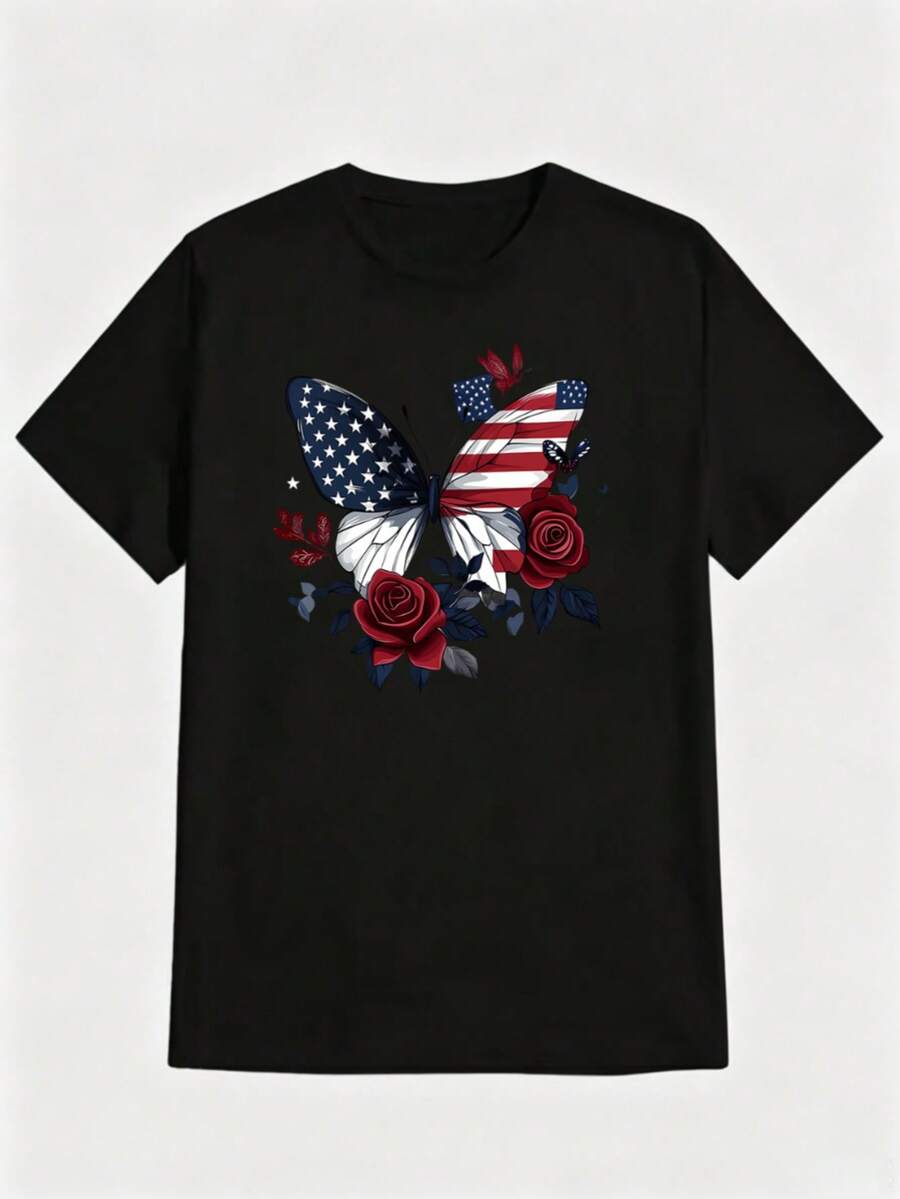 MPLSL|Camiseta de moda de Milán con estampado, blusa casual de mujer de manga corta y cuello redondo para primavera y verano|Camiseta Negra con Estampado de Mariposa de Bandera y Rosas - Negro - Ver 1