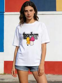 Camiseta de mujer, 180G con diseño de profesor - Un excelente regalo para maestros, perfecto para la temporada de regreso a clases, el Día del Maestro, actividades de team building y uso casual en la oficina - Una gran opción para regalos del Día del Maestro. - Blanco - Ver 1