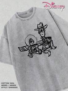 Disney Women's Washed Cotton T-Shirt With Toy Story Woody Bass Line Drawing Print. Simple Retro Style, Suitable For Daily Commutes, Casual Outings, And Sophisticated Looks. - 灰色 - 查看 2