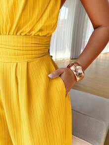 AIJ Amarilo Women's Orange Solid Color Elegant Casual Sexy Adjustable Strap Backless Ruched Romper, Suitable For Summer, Spring, Beach Party, Wedding Guest, Graduation, Holiday - Yellow - View 8