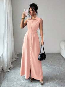 Vestido de línea A con cintura ceñida, cuello redondo y sin mangas, elegante y romántico para vacaciones de verano de mujer - Blanco - Ver 12
