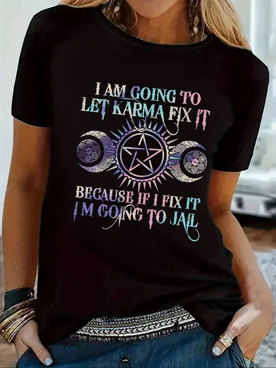 Camiseta de Moda para Mujer de Manga Corta y Cuello Redondo - Negro - Ver 1