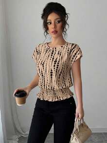 Camiseta de mujer de cuello redondo con estampado, cintura elástica, mangas raglán, apta para primavera/verano/otoño/invierno.Ropa de mujer elegante para conciertos, eventos, diario, commute, bodas, festivales de música. - Marrón - Ver 4