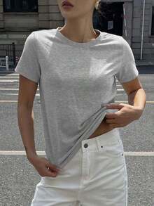 Camiseta de cuello redondo de manga corta de unicolor versátil y casual, tops estilo universitario - Gris - Ver 3