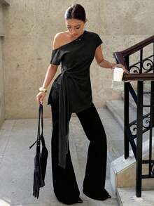 Blusa de lino elegante y única con mangas tipo murciélago para mujeres, blusa de verano, elegante blusa de mezcla de lino con detalles de lazo lateral y diseño ajustado, blusa social, blusa para ir al trabajo, blusas elegantes, vacaciones, fies - Negro - Ver 8