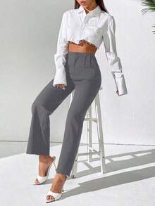 Pantalones rectos sueltos de cintura alta plisados de unicolor para mujer - Gris - Ver 6