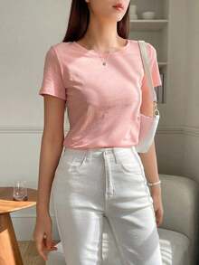 Camiseta De Manga Corta Con Cuello Redondo Y Color Sólido - Rosa 2 - Ver 4
