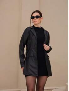 Women's Long Blazer, Premium Leather, Elegance - màu đen - Xem 1