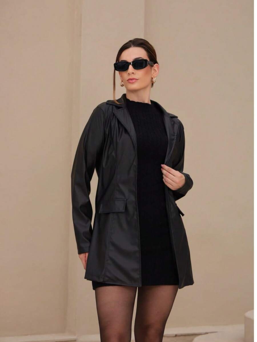 Women's Long Blazer, Premium Leather, Elegance - màu đen - Xem 1