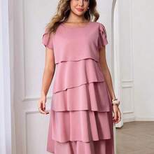 guangzhougaolangshangmao  Vestido de mujer de unicolor con cuello redondo, mangas cortas con volantes en los puños y dobladillo con volantes, vestido de moda para vacaciones, primavera y verano - Celeste - Ver 7