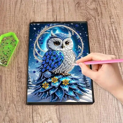 1 ชุด สมุดบันทึกภาพวาดเพชร 5D DIY, ชุดสมุดบันทึกศิลปะเพชรรูปแบบนกฮูก, เหมาะสำหรับของขวัญสร้างสรรค์ทำมือ