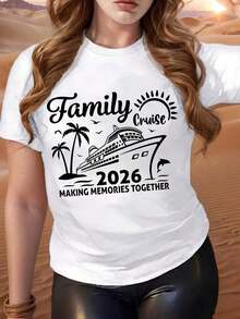 Camiseta de Cuello Redondo Oversize de Manga Corta con Estampado de Viaje, Diseño Gráfico "Family Cruise 2026 Making Memories Together" con Barco de Crucero, Palmeras y Sol, Ropa de Verano para Vacaciones en la Playa para Mujeres, Hombres y Niños, Regalo Ideal para Viajeros Familiares, Cruceros y Escapadas Tropicales, Adecuada para Ocasiones de Ocio y Deportes, 100% Algodón. - Blanco - Ver 1
