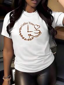Camiseta Casual de Manga Corta para Mujer - Estampado con Diseño de Café, Diseño Colorido, Tela Suave y Elástica, Cuello Redondo, Lavable aáquina, Adecuada para Todas las Temporadas, Top de Verano, Estilo Moderno, Material No Transparente - Camiseta Unisex de Algodón Holgada de Manga Corta y Cuello Redondo Estilo Vintage Urbano - Blanco - Ver 1