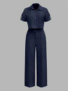 ANCHOSE Bộ đồ nữ mùa hè màu xanh navy gồm áo sơ mi ngắn tay cổ bẻ cài cúc và quần ống rộng cạp cao co giãn, trang phục công sở tối giản thường ngày. - Màu xanh hải quân - Xem 2