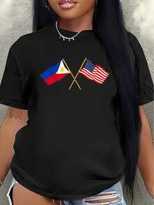 Polyester Short-Sleeved T-Shirt, Printed With Designs Of The Flags Of The Philippines And The United States, Lightweight And Durable, Suitable For Use At Home, In Restaurants Or As Casual Outdoor Wear. - 黑色 - 查看 7