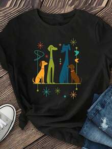 blusas [Camiseta Deportiva] Camiseta con Estampado de Perro de Dibujos Animados, Camiseta Casual de Manga Corta para Mujer, Top de Cuello Redondo, Adecuada para Primavera, Verano y Otoño, Camiseta Estampada de Cuello Redondo, Camiseta Relajada de Talla Grande, Adecuada para primavera, verano y otoño - Negro - Ver 2