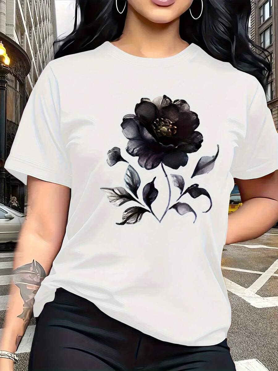Camiseta de manga corta para mujer, estilo oscuro, negro y morado púrpura profundo, con estampado floral acuarela, moda de , cuello redondo fácil, casual y versátil, ideal para viajes de vacaciones y otros usos, 13245 - Blanco - Ver 1