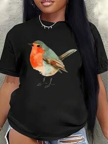 Camiseta de manga corta de poliéster, decorada con un diseño de petorro, ligera y duradera, adecuada para uso casual en casa o al aire libre, cómoda para el uso diario, una opción ideal para amantes de la naturaleza y entusiastas de las aves. blusa casual mujer - Negro - Ver 1