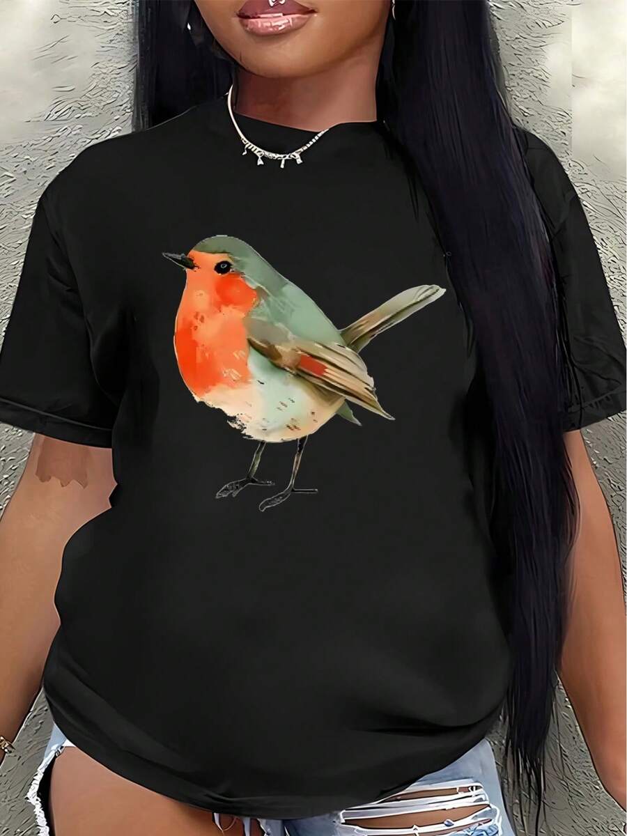 Camiseta de manga corta de poliéster, decorada con un diseño de petorro, ligera y duradera, adecuada para uso casual en casa o al aire libre, cómoda para el uso diario, una opción ideal para amantes de la naturaleza y entusiastas de las aves. blusa casual mujer - Negro - Ver 1