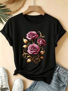 Una camiseta de manga corta para mujer, moderna, a la moda, retro, casual y holgada, adecuada para actividades al aire libre en primavera y verano, con un estampado de rosas.Es una camiseta de marca moderna y a la moda para mujeres, ideal para fiestas de verano, viajes, uso diario casual, holgada y transpirable, adecuada para deportes al aire libre y es un excelente regalo para las vacaciones.Es lavable a máquina.blusas para mujer,blusas casuales para dama,tops,, mujer premium,y2k,playeras de mujer curvy,ofertas y liquidaciones ropa mujer,playeras deportivas para mujer,,playeras de hombre, mujer,blusas>elegante Y2TJ - Negro - Ver 1