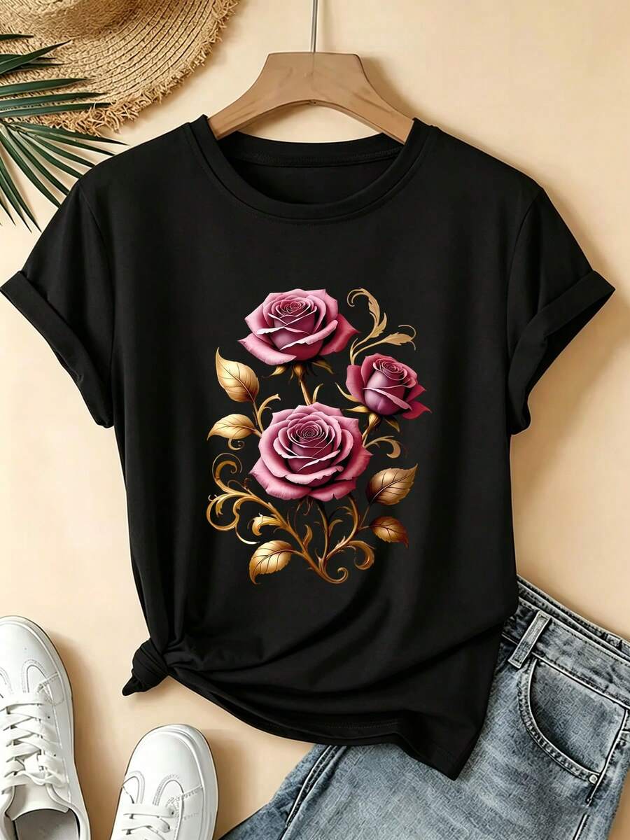 Una camiseta de manga corta para mujer, moderna, a la moda, retro, casual y holgada, adecuada para actividades al aire libre en primavera y verano, con un estampado de rosas.Es una camiseta de marca moderna y a la moda para mujeres, ideal para fiestas de verano, viajes, uso diario casual, holgada y transpirable, adecuada para deportes al aire libre y es un excelente regalo para las vacaciones.Es lavable a máquina.blusas para mujer,blusas casuales para dama,tops,, mujer premium,y2k,playeras de mujer curvy,ofertas y liquidaciones ropa mujer,playeras deportivas para mujer,,playeras de hombre, mujer,blusas>elegante Y2TJ - Negro - Ver 1