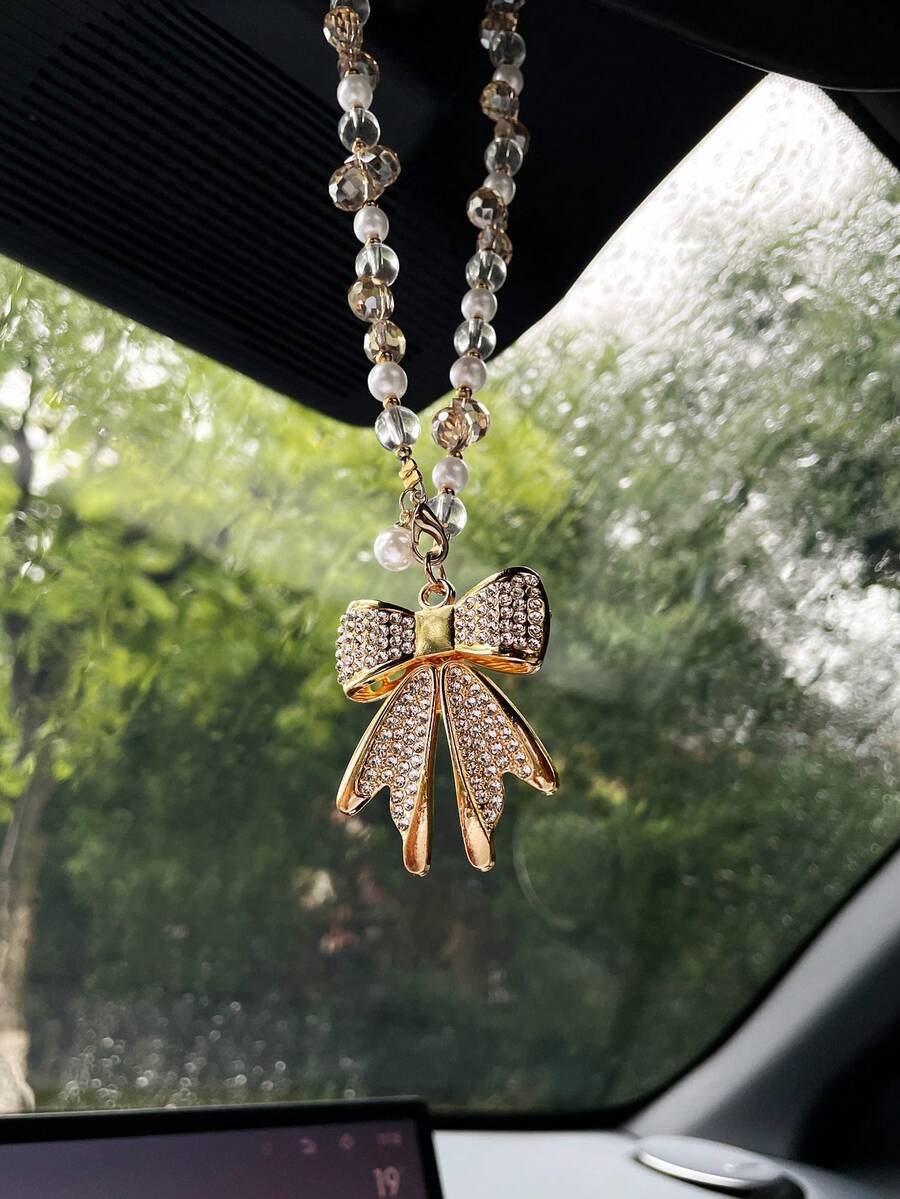 Creative Artificial Rhinestone Bow Pendant, Car Rearview Mirror Decorative Charm, Car Hanging Ornament, Car Interior Decor, Car Accessories For Women, Holiday Gift - Bow - View 1