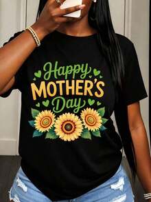 Camiseta de Mujer con Estampado de Girasol para el Día de la Madre, Ropa Casual de Primavera Verano para Mujer - Negro - Ver 6