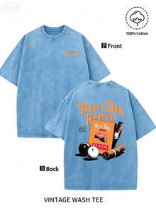 Men'S Bold "TREATY OAK REVIVAL" Print T-Shirt, Casual Round Neck Short Sleeve, 230g Washed Cotton, Summer High Quality Casual Sportswear, - 天藍色 - 查看 1