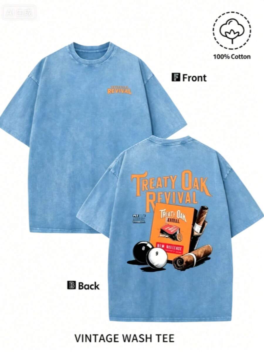 Men'S Bold "TREATY OAK REVIVAL" Print T-Shirt, Casual Round Neck Short Sleeve, 230g Washed Cotton, Summer High Quality Casual Sportswear, - 天藍色 - 查看 1