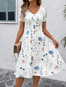 Clasi Vestido de mujer con estampado floral blanco, elegante para vacaciones, primavera/verano - Blanco - Ver 12