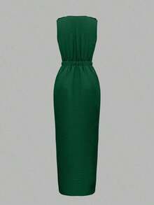 Vestido de verano casual y elegante para mujer con cuello redondo, sin mangas, bolsillo en diagonal y cierre de botón monobotonado - Verde Oscuro - Ver 3