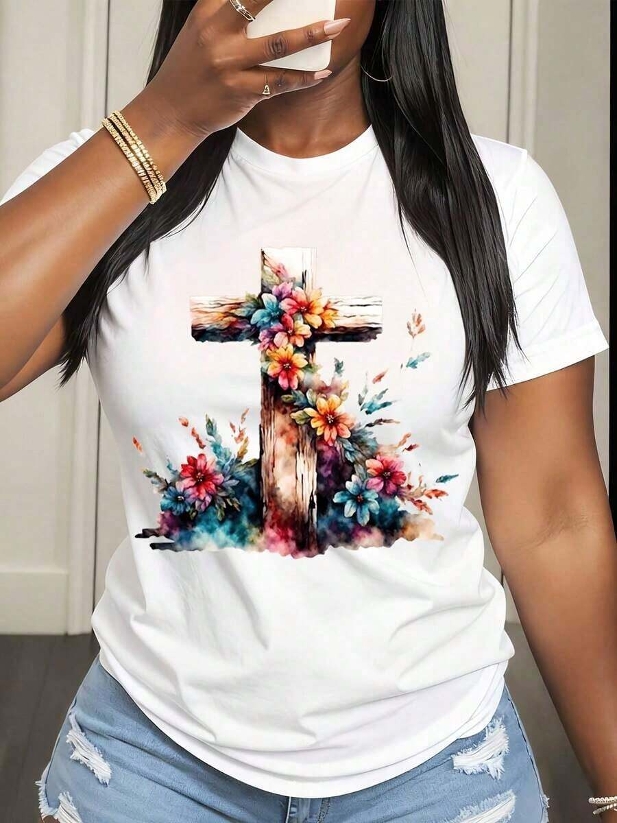 Camiseta de manga corta para mujer con estampado floral cruzado, conjunto casual de verano - Blanco - Ver 1
