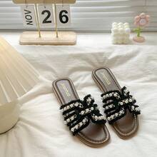 Giày sandal đế bằng kiểu Pháp dành cho nữ, giày lười đi biển mùa hè mới, gót thấp, quai ngang thời trang, phù hợp để phối cùng váy. - màu đen - Xem 4