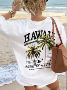 Camiseta Holgada de Mujer para Vacaciones Tropicales, Ligera y Cómoda, de Cuello Redondo y Manga Corta, Estampada con Patrón de Palmeras "Hawaii 1968", Estilo Playero Popular en INS, Ideal para Fiestas en Hawái, Bodas en la Playa, Cruceros y Vacaciones de Verano, Color Blanco Casual - Blanco - Ver 5