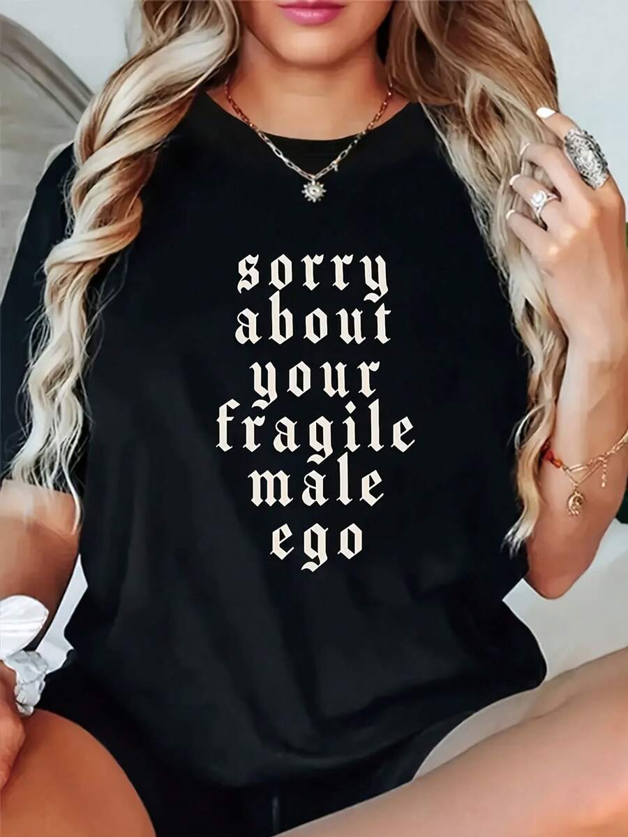 Women's T-Shirt Casual Short-Sleeved Round Neck T-Shirt For Women, Printed With The Design "Sorry, Your Fragile Male Ego" - Comfortable Clothing For Everyday Wear, Machine Washable, Regular Fit. - 黑色 - 查看 1