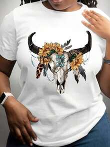 100% algodón, camiseta de mujer, camiseta negra de talla grande para mujer, estampado bohemio de calaveras y flores, top casual de verano. - Blanco - Ver 1