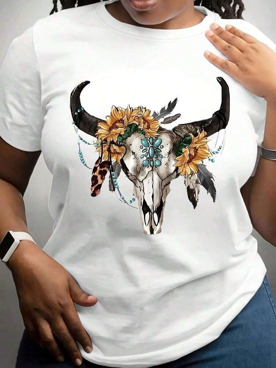 100% algodón, camiseta de mujer, camiseta negra de talla grande para mujer, estampado bohemio de calaveras y flores, top casual de verano. - Blanco - Ver 1