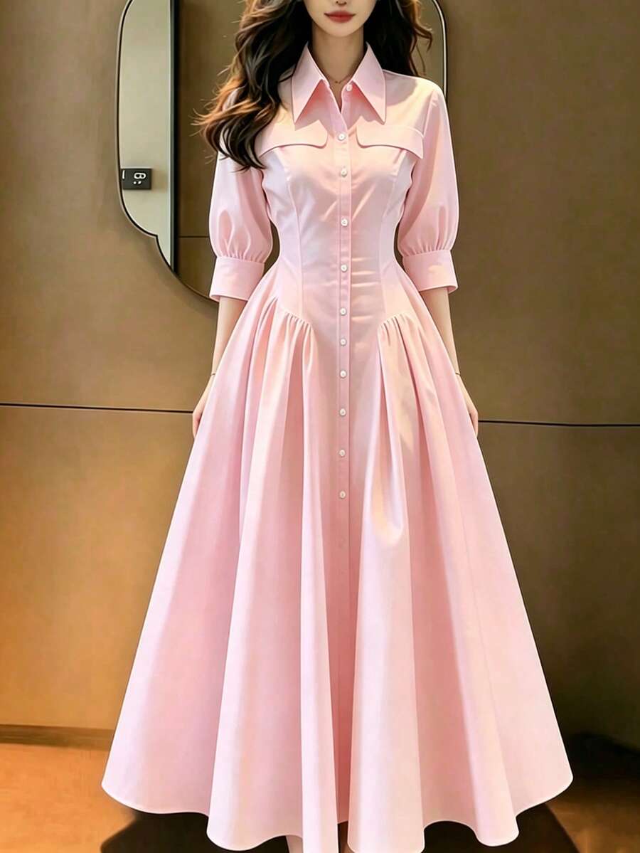 女款素色腰部打褶長洋裝,中東阿拉伯風情開齋節長裙,春夏季優雅款 - 淺粉色 - 查看 1