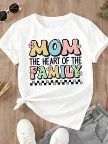 Camiseta de Mujer "Mamá, el Corazón de la Familia" con Diseño de Texto Colorido y Flores, Ropa Casual de Primavera Verano para Mujeres - Blanco - Ver 2