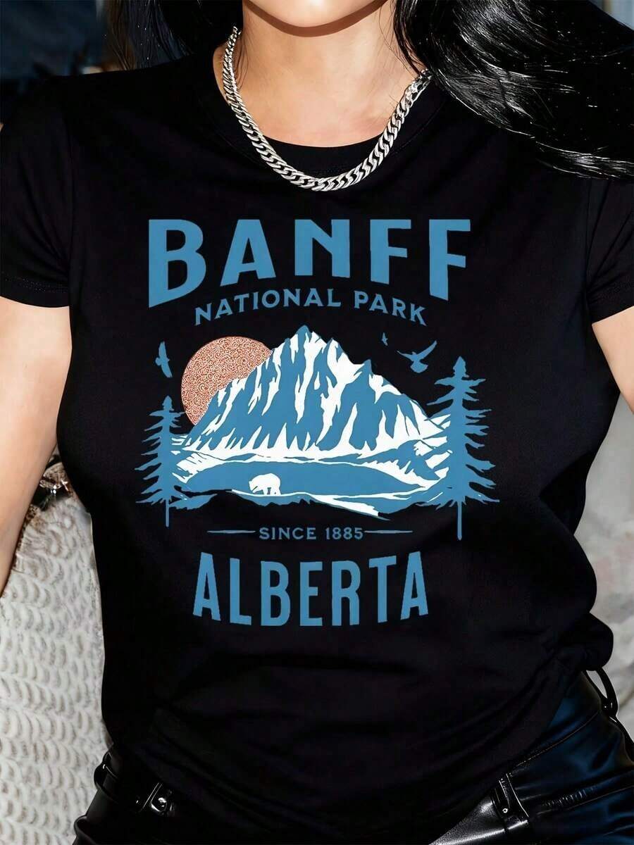 Camiseta holgada de cuello redondo para mujer con estampado del Parque Nacional Banff, Alberta - Ropa para vacaciones de primavera y verano - Negro - Ver 1